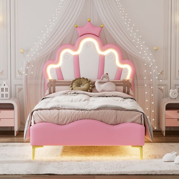 90*200cm Flaches Doppelbett, kronenförmiges Prinzessinnenbett, weiche Polsterung aus PU-Leder, verstellbarer LED-Umgebungslichtstreifen, Rosa