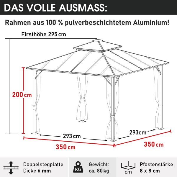 BRAST Pavillon Aluminium Pagode inkl. Moskitonetz, festes Dach, wasserdicht, stabil, UV-Schutz, 3,5x3,5 m, Hellgrau Bild 2