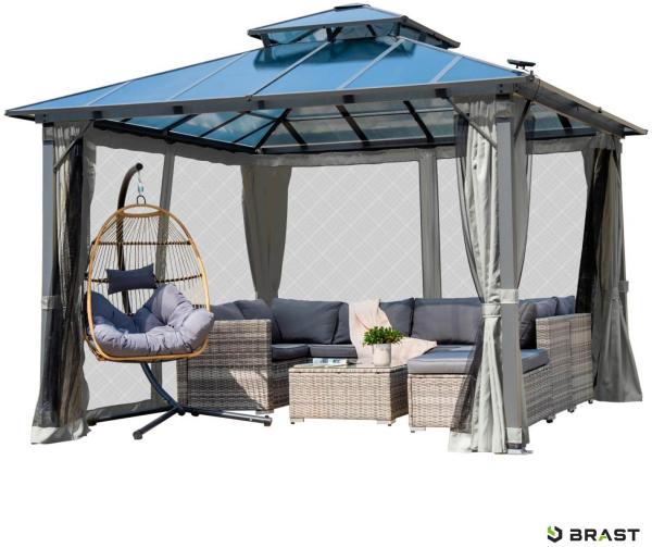 BRAST Pavillon Aluminium Pagode inkl. Moskitonetz, festes Dach, wasserdicht, stabil, UV-Schutz, 3,5x3,5 m, Hellgrau Bild 9