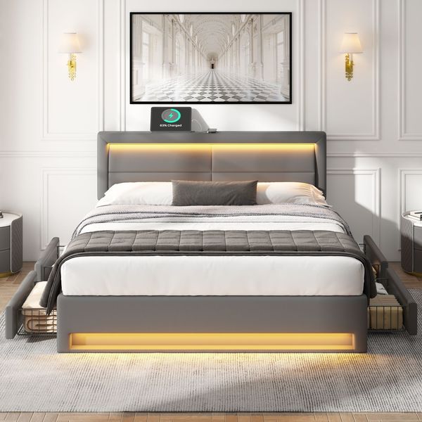 Polsterbett 140×200 cm aus Kunstleder mit LED-Beleuchtung und USB-Anschluss, grau