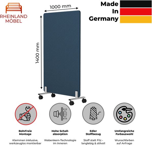 Rheinland Möbel FocusWall STWR1014 – Akustik-Stellwand 1000×1400 mm in Stofffarbe Martinique inkl. Rollen – Mobile Schreibtisch-Trennwand für Büro & Homeoffice – Schallschutz – Made in Germany Bild 2