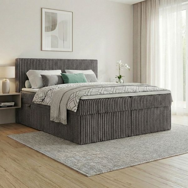 Boxspringbett RALF 200 x 200 cm mit Bettkasten, Topper und gepolstertem Kopfteil. Farbe: Grau, Härtegraden: H4 , Topper: Visco-Topper