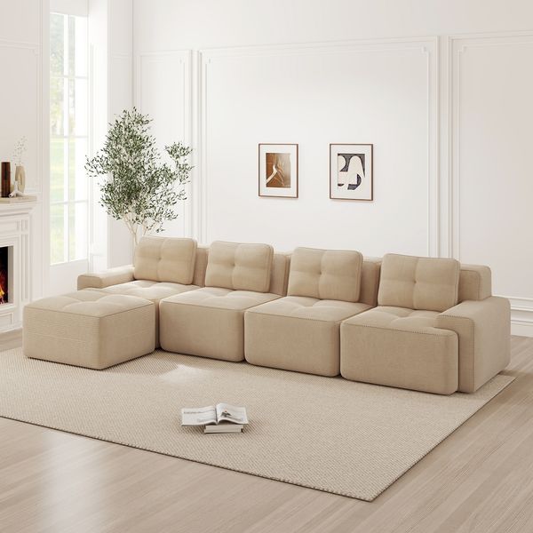 4-Sitzer Wohnlandschaft H 69 x T 382 x B 177 cm aus Cord in Beige mit modularer L-Form und 74 cm Tiefsitz