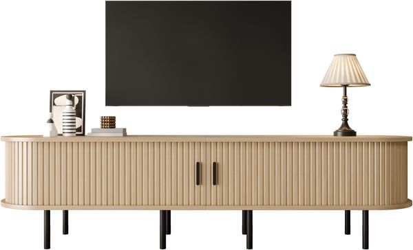 Geriffener elliptischer TV-Schrank mit Schiebetüren, 2 offene Fächer, Wohnzimmer-Medienkommode, MDF-Material, Metallfüße, abgerundete Ecken, moderner
