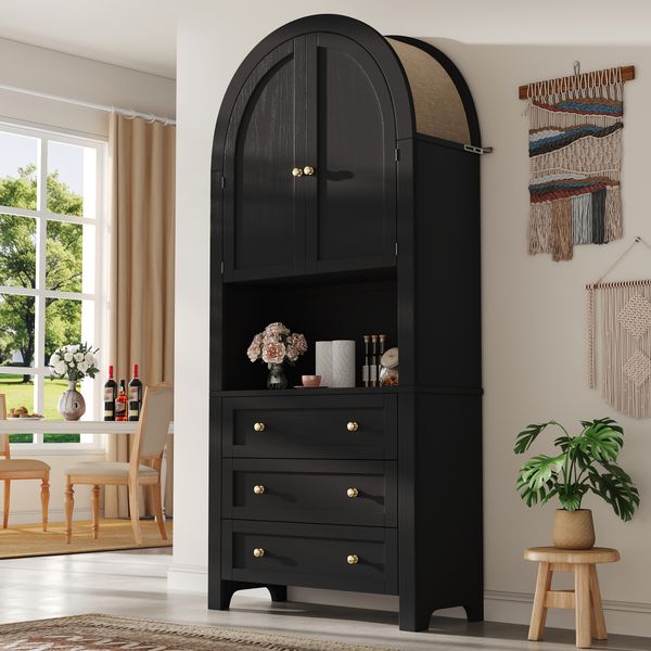 Hochschrank mit 3 Schubladen, offenen Fächern & Türen, 70x35x180 cm, Schwarz