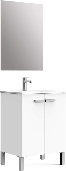 Baikal Badezimmerschrank Neo, Zwei Türen, Möbel mit Füßen, Verschiedene Ausführungen und Maße, Melamin 16 mm, montiertes Möbelstück, 2 Türen mit Spiegel, 60 cm, Weiß matt