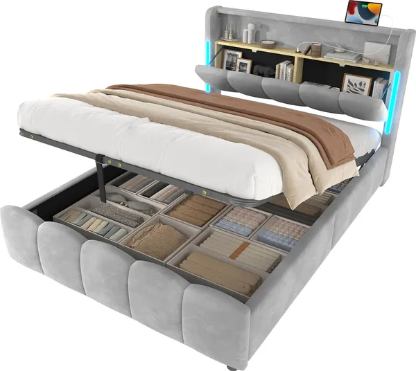 Polsterbett mit LED-Beleuchtung, USB/Type-C Anschlüsse und Stauraum, 140x200 cm, Doppelbett, Stauraumbett, Samt