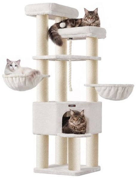 FEANDREA Kratzbaum, mehrstöckiger Katzenbaum, dicke Sisalstämme, für große Katzen, Katzenkratzbaum, weiß