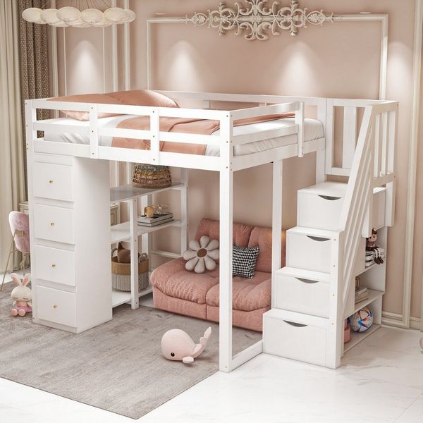 Flieks Hochbett Kinderbett 140x200cm mit Schubladekommode, Regalen und Stauraumtreppe