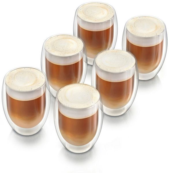 Arendo Gläser-Set doppelwandige Thermogläser, 350 ml Kaffeetasse, Trinkglas ohne Henkel, 6-tlg, Glas, für Latte Macchiato, Cappuccino, Tee, hitzebeständig spülmaschinenfest