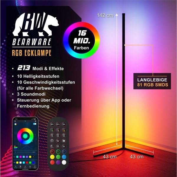 BEARWARE LED Stehlampe Smart Ecklampe, RGB Stimmungslicht mit Bluetooth App-Steuerung, 142 cm, Dimmfunktion, Farbwechsel, LED fest integriert, Farbwechsler, Musik Sync, Fernbedienung, Timer, Helligkeit & Geschwindigkeit wählbar
