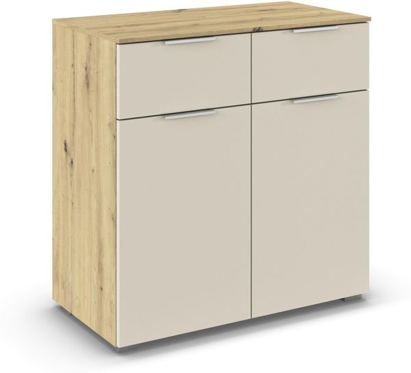 Rauch Möbel Alabama, Kommode für Schlafzimmer, Kinderzimmer, Garderobe, Flur, 2-türig, mit 2 Schubladen, Soft-Close-Funktion, Farbe Beige/Eiche Artisan, Holz, Griff Alufarben, Maße 80 x 81 x 42 cm