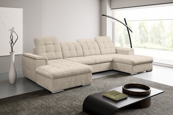 WERK2 Wohnlandschaft Napoli zeitlos, elegant, bequem, Breite 330cm, U-Form, verstellbare Kopfteile, mit Schlaffunktion und Bettkasten