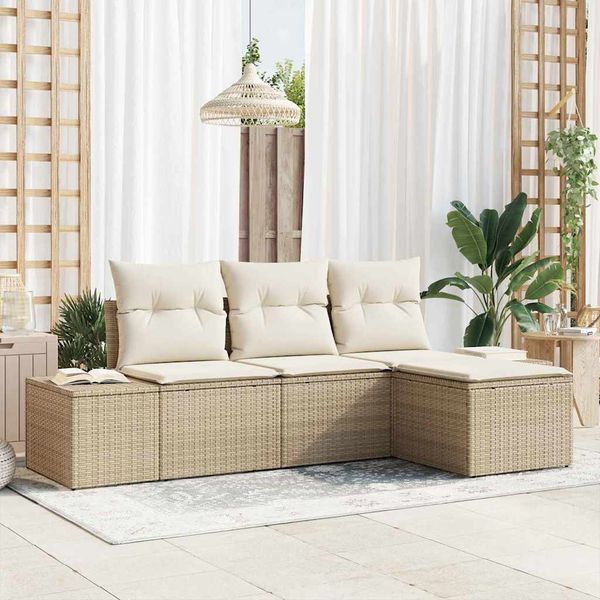 vidaXL Garten-Sofa-Set mit Kissen 4 pcs Beige und Creme Poly-Rattan 3355680