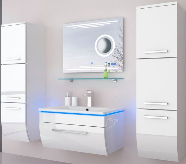 Homeline Badmöbel-Set Badmöbel Set Hochglanz 6 TLG 70 cm Weiß Led Touch Badezimmer Möbel, (Spar Set, 6-St, 6 Teiliges Set), Hochglanz lackiert LED System Touch System