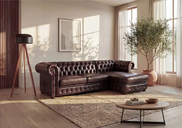 Vente-unique - Chesterfield Ecksofa - Ecke Rechs - Büffelleder - Dunkelbraun - BRENTON