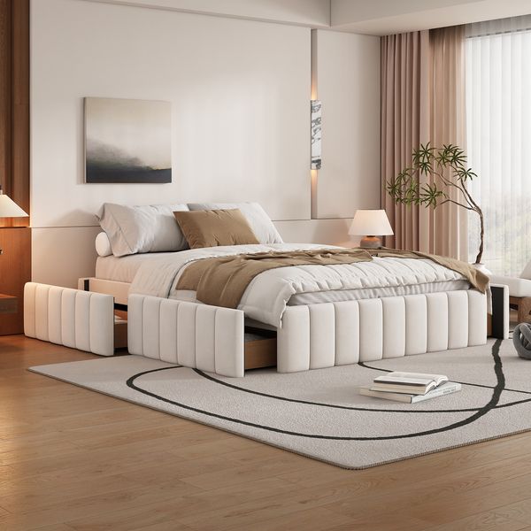 Polsterbett 140x200 cm, modernes Bettgestell mit 4 Schubladen, Samtbezug, Stauraumbett mit Lattenrost,Beige
