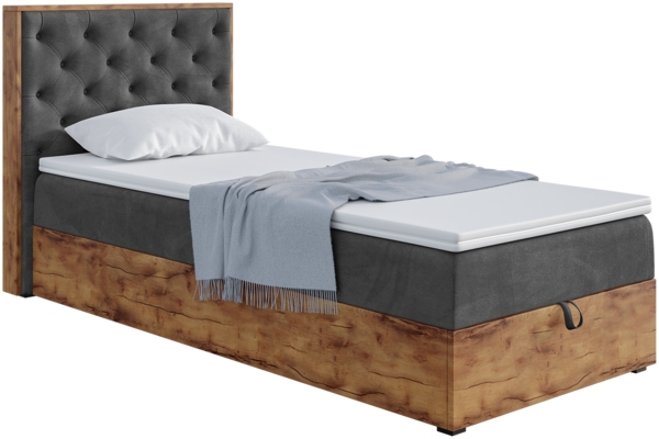 MEBLINI Boxspringbett LOFTY 3 90x200 cm mit Bettkasten – H4/Schwarz Samt Gepolstert Einzelbett mit Topper & Taschenfederkern-Matratze