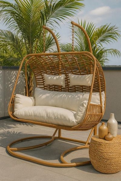 Kobolo Hängesessel Hängekorb MABURI aus Polyrattan, Hängeliege Sessel Hängestuhl weiche (1 Stück, 1-St, mit Gestell), hochwertiges Polyrattan - für 2 Personen