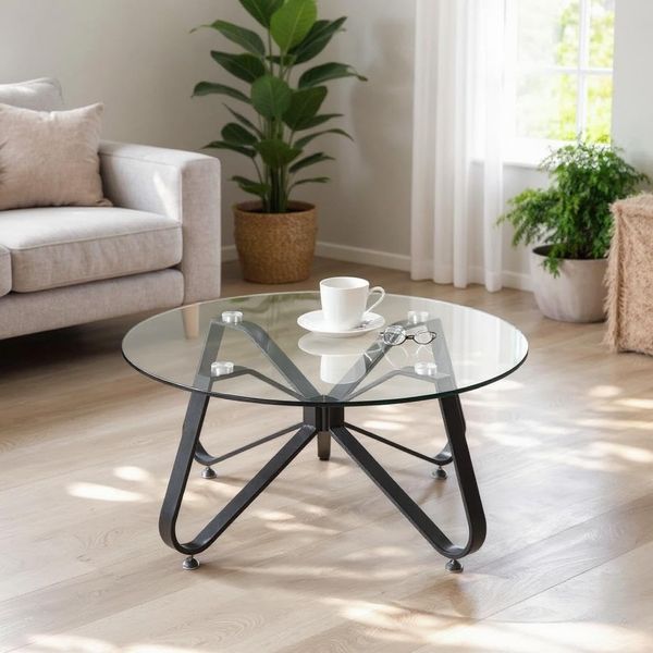 FurnitureR Wohnzimmerkonsolen, Beistelltisch, rund, minimalistisch, mit Platte aus Hartglas, künstlerische Basis in Schmetterlingsform, für Haus, Wohnzimmer, Terrasse, Garten, 80 x 80 x 40 cm