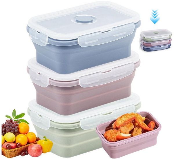 BlingBin Lunchbox Faltbare Frischhaltedosen Behälter, Silikon Brotdose mit Deckel, Silikon + pp, (3er Set, 3-tlg, 13*7.5*6.5cm), 550ml Aufbewahrungsbehälter Set für Camping Picknick Büro Küche
