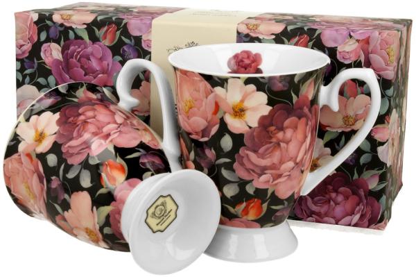 DUO FLORAL 2er-Set königliche Tassen 300 ml SPRING ROSES BLACK New Bone China Porzellan