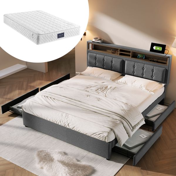 Polsterbett 140x200 cm mit Matratze, 4 Schubladen, USB-C, Steckdosen und verstellbarem Kopfteil