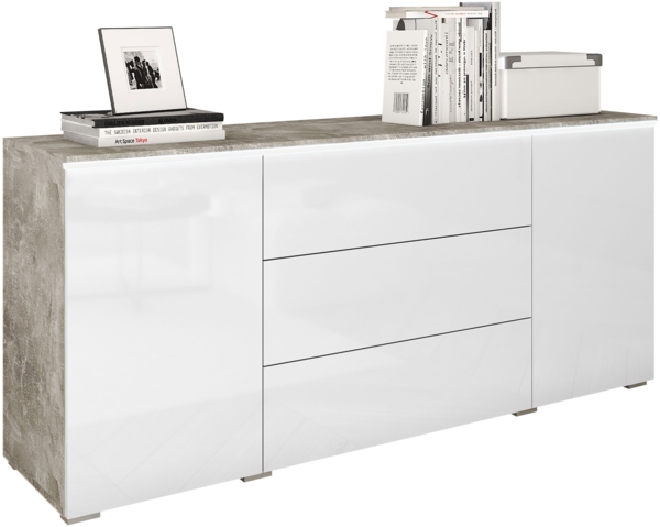 Kommode Doppo 150 (Farbe: Beton Smart / Weiß Hochglanz, mit weißer LED Beleuchtung)