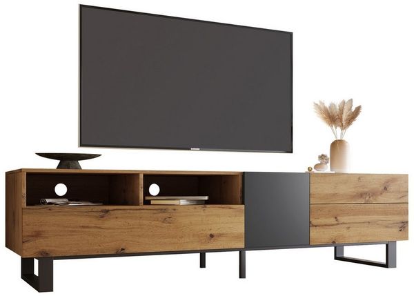 Sweiko Lowboard (TV-Schrank mit Flügeltüren und 2 Schubladen, TV-Schrank mit Flügeltüren und Fächern), schwarz und Eiche,195 x 37 x 48 cm