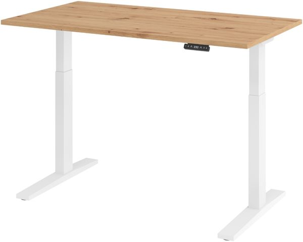 bümö elektrisch höhenverstellbarer Schreibtisch 140x80 cm in Asteiche, Gestell weiß - Sitz & Stehschreibtisch mit Memoryfunktion, elektrischer Stehtisch & Gaming Tisch, XMKA-Serie, XMKA14-R-W