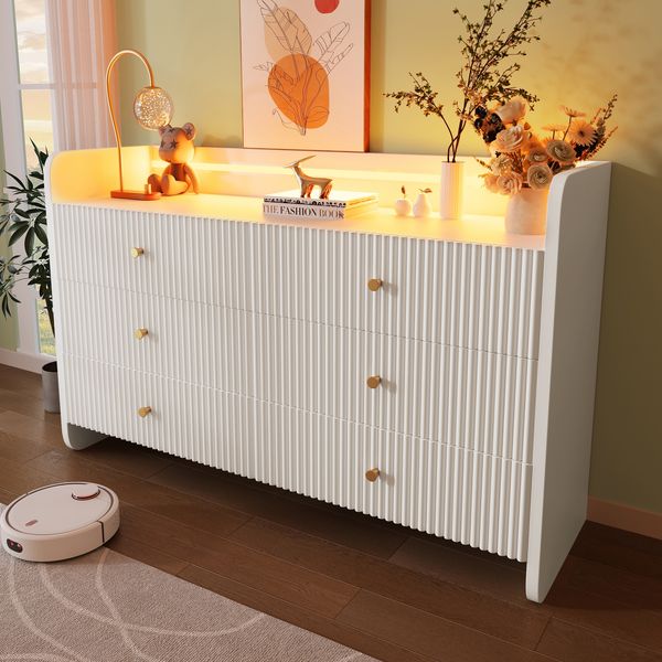 Sideboard 120x40x75 cm mit LED, 6 Schubladen und Wellen-Rillendesign, Weiß