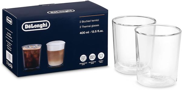 De'Longhi Gläser Set DLSC318, 2 doppelwandige Thermogläser mit Isolierfunktion für kalte und warme Getränke, widerstandsfähiges Borosilikatglas, Spülmaschinenfest, Fassungsvermögen 400 ml