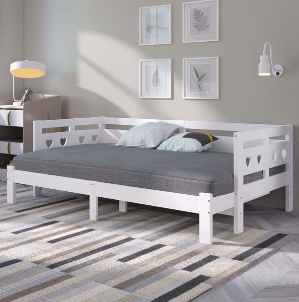 Bett 90x200 cm aus Kiefer massiv, ausziehbar mit Herzform – weißes Daybett mit zusätzlicher Schlafgelegenheit