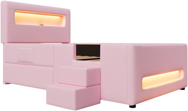 Merax Polsterbett Einzelbett 90x200cm mit Led, Kinderbett mit Schublade und zweistufiger Treppe, Kinderbett mit Rausfallschutz, PU, Rosa Bild 9