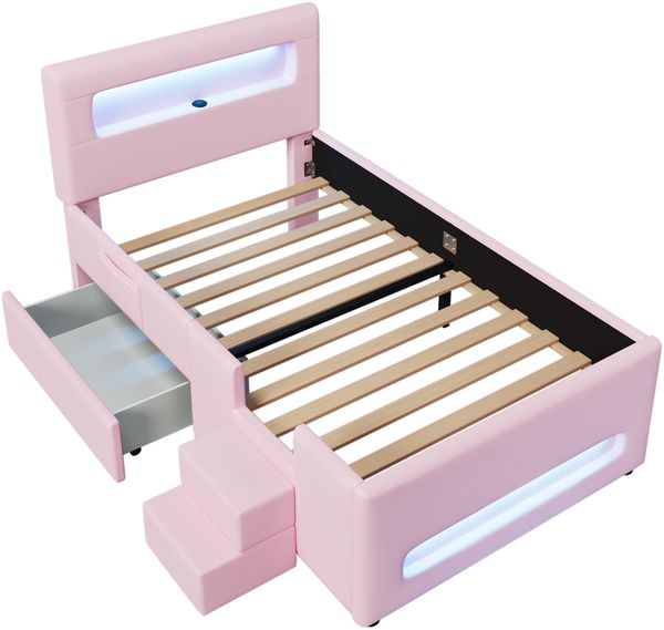 Merax Polsterbett Einzelbett 90x200cm mit Led, Kinderbett mit Schublade und zweistufiger Treppe, Kinderbett mit Rausfallschutz, PU, Rosa Bild 10