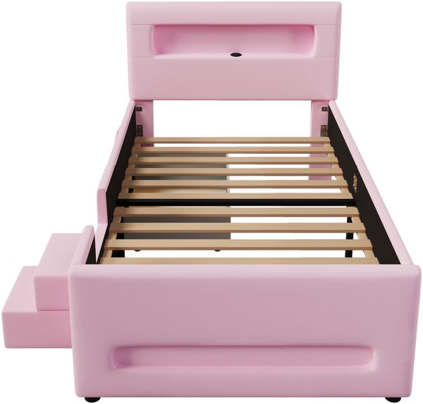 Merax Polsterbett Einzelbett 90x200cm mit Led, Kinderbett mit Schublade und zweistufiger Treppe, Kinderbett mit Rausfallschutz, PU, Rosa Bild 7