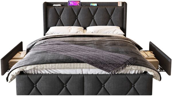 MODFU Polsterbett mit Steckdosen & USB Ladefunktion, Leinenstoff gepolstertes (169x217x116cm,Inklusive-Matratze(H20cm), mit 4 Schubladen Stauraum), mit Kopfteil im Rauten-Design