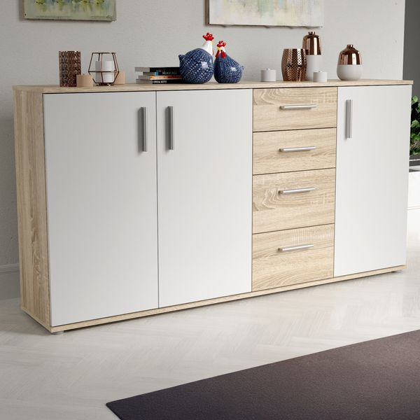 Forte IKOLI Kommode 160, moderne Kommode, 3-türig, 4 Schubladen, Wohn-/Schlafzimmer, Flur, Holzwerkstoff, Weiß mit Sonoma Eiche Holzdekor, 159,2 cm breit x 81,7 cm hoch x 31,4 cm tief