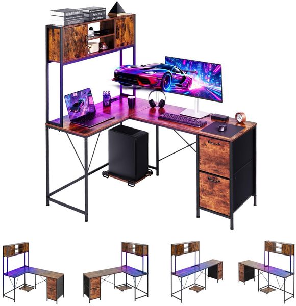 VEVOR Gaming-Schreibtisch L-Förmig, Ecktisch mit LED-Beleuchtung, 1,58 m Eck-Computertisch mit Steckdosen, Verschiebbarem CPU-Ständer & Aufbewahrungsschubladen, PC-Gamertisch für Homeoffice
