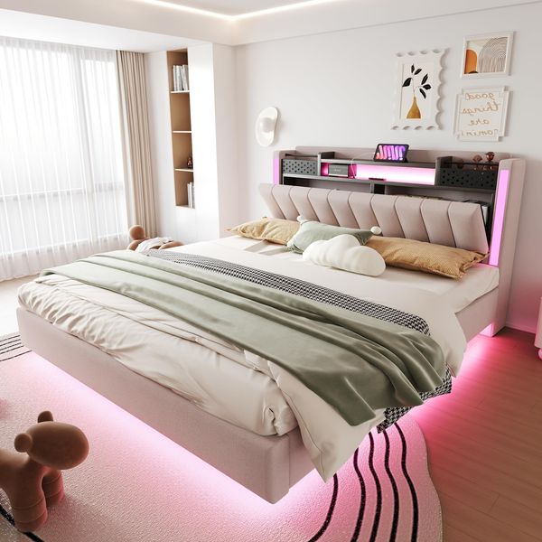 Ball & Cast Bed Frame (160x200 cm), Schwebebett mit Beleuchtung und Ladestation, Metallbett Kopfteil mit Stauraum, Leinen, Beige, Ohne Matratze