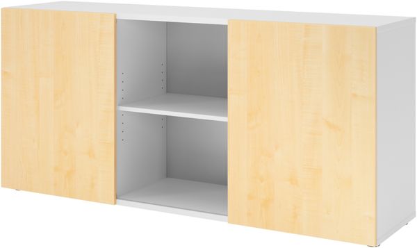 bümö Schwebetürenschrank, Sideboard Weiß/Ahorn - Büromöbel Sideboard Holz 160cm breit, 42cm schmal, Büro Schrank mit Schwebetür für Flur oder als Wohnzimmer-Kommode, 1780-W-3