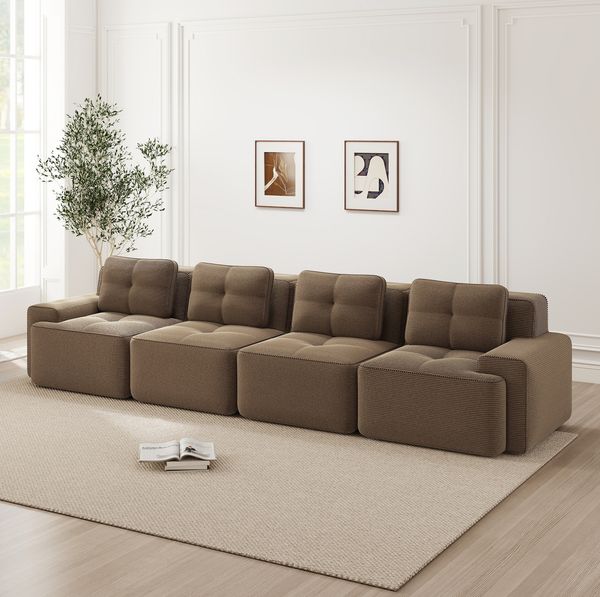 4-Sitzer Modulsofa aus Cord, tiefes Sitzdesign, 382 x 104 x 69 cm, braun