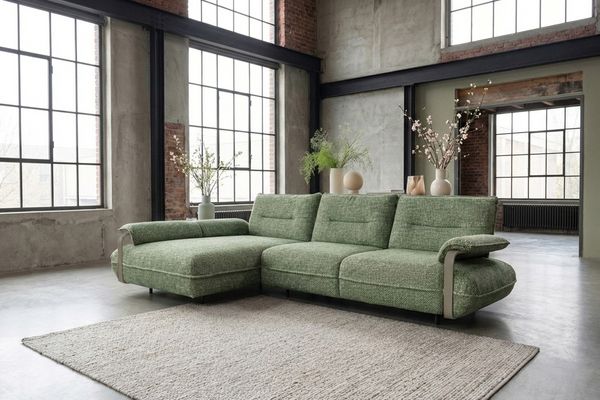 KAWOLA Ecksofa ANISSA Stoff grün manuelle Rückenverstellung Longchair links 84 x 185 x 297 cm