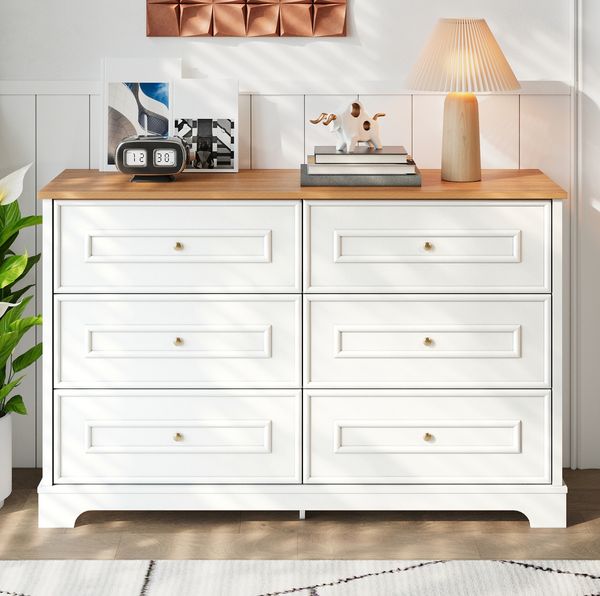 Sideboard 120 x 40 x 76 cm mit 6 Schubladen – Landhausstil mit Scheunenmuster in Weiß und Naturholz