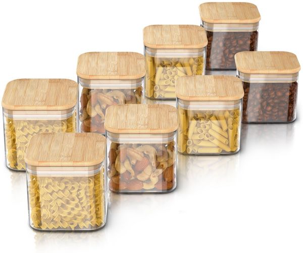 Arendo Aufbewahrungsbecher Glasbehälter-Set 8x 0,8 L Borosilikatglas mit Bambusdeckel, luftdicht, Borosilikatglas, Bambus, Silikon, (Vorratsbehälter-Set, 8-tlg, 8er Set), Hitzebeständig, umweltfreundlich, langlebig, mikrowellengeeignet