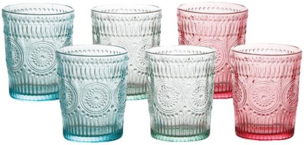 6er Set Trinkgläser 300ml Vintage-Retro Design - Gläser in drei Farben