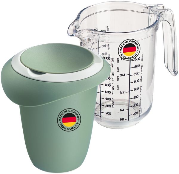 Westmark Quirltopf (1 l) und Messkanne Gerda (1 l) – Quirltopf mit Spritzschutz und Gummiring – Messkanne mit Skala und rutschfestem Standfuß – Mint-grün/Weiß