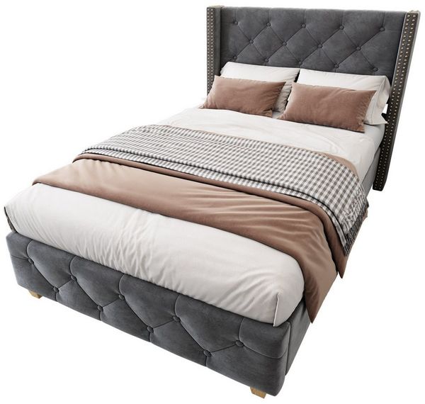 Flieks Polsterbett, Massivholz Einzelbett 90x200cm mit Lattenrost und Polster-Kopfteil