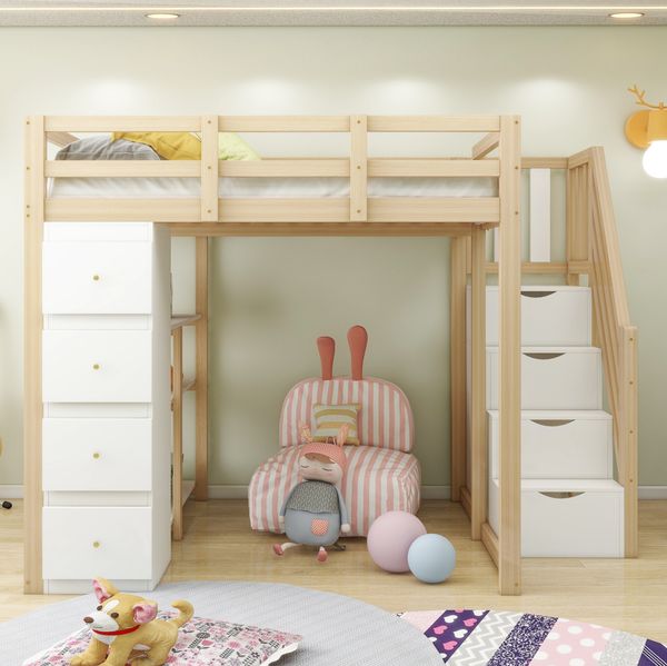 Hochbett 140x200 cm Mit 4 Schubladen Und Regal Massivholz Hochbett Mit Sicherheitsleiter Stauraum System Etagenbett Mit Arbeitsbereich Kinderzimmer Jugendzimmer Multifunktionales Bett
