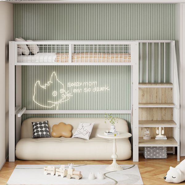 Bett 90x200 cm mit Leiter und Stauraum – Hochbett aus Metall mit integriertem Kleiderschrank, platzsparend